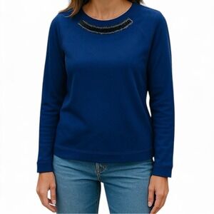 Susan Graver Embellished Neck Top Blue Long Sleeve‎ Blouse Women's Size Small